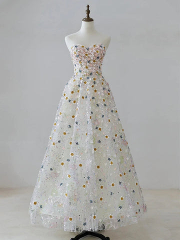 Beautiful A Line Sweetheart Tulle Lace Flower Long Prom Dresses HZ1023